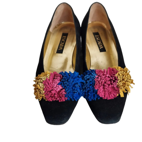 Escada Black Suede Pom Pom Flats Square Toe - Picture 1 of 15